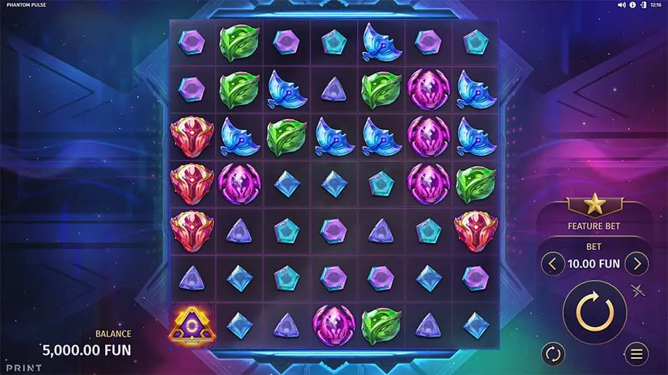 High-tech grid filled with colorful crystal symbols and pulse icons set in a sleek sci-fi interface.