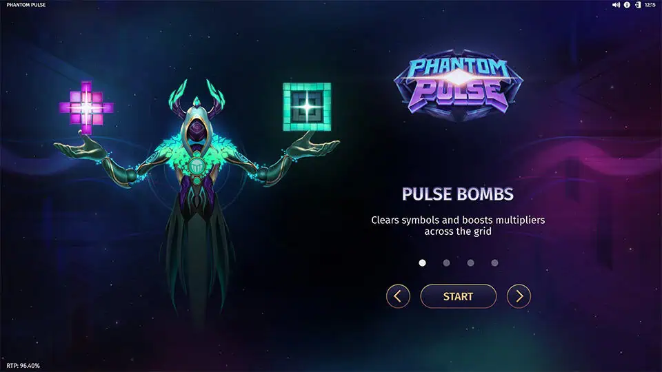 Feature explanation screen highlighting Pulse Bombs that clear symbols and boost multipliers across the grid.