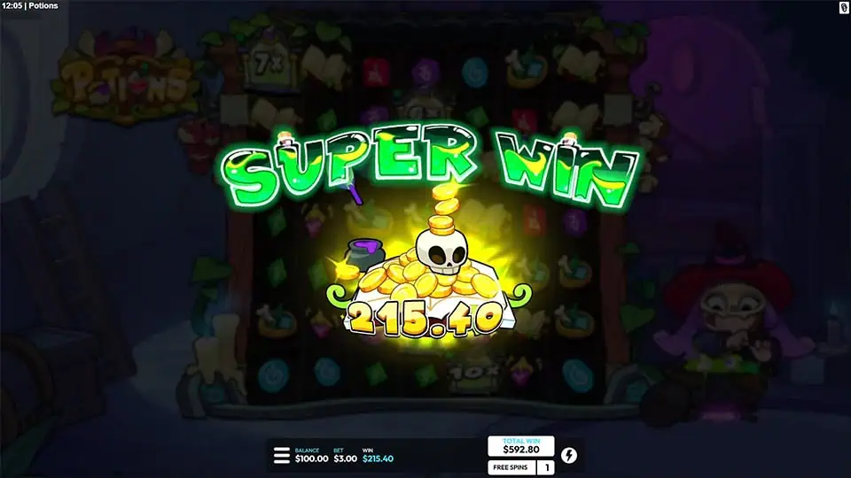 Bright “SUPER WIN” banner shining over a pile of gold coins and potions with sparkling magical effects.