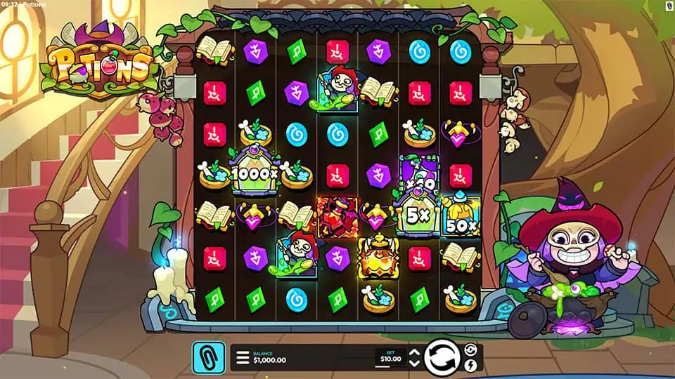 Enchanting reel grid featuring colorful potion bottles, spellbooks, skulls, and magical symbols beside a cheerful witch character.