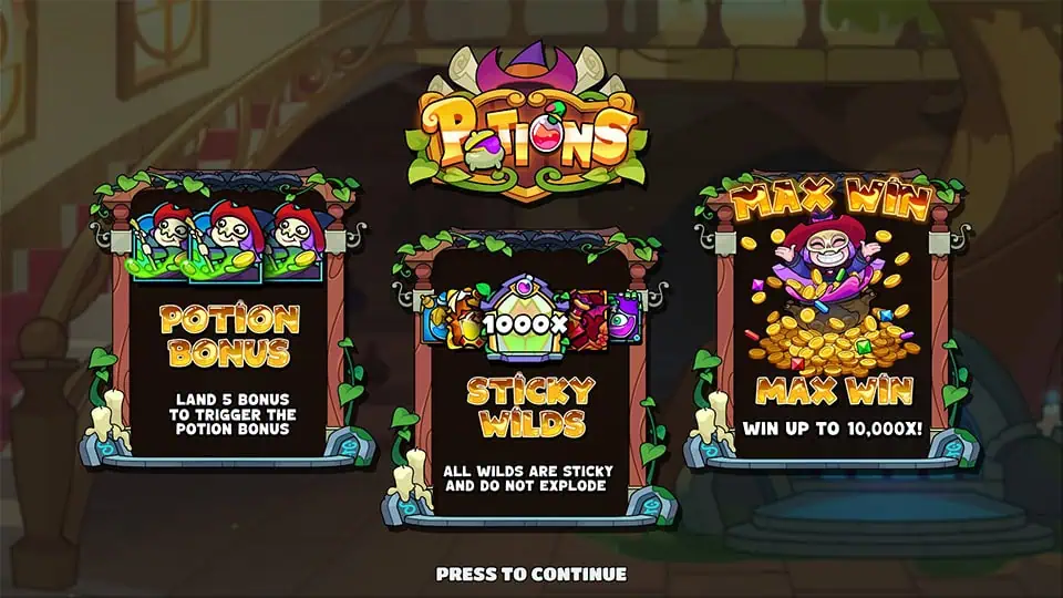 Feature overview highlighting the Potion Bonus, Sticky Wilds mechanic, and a 10,000x max win display.