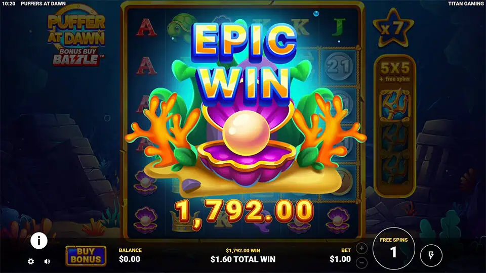 Bright “EPIC WIN” banner rising from an open pearl oyster surrounded by coral and ocean glow effects.