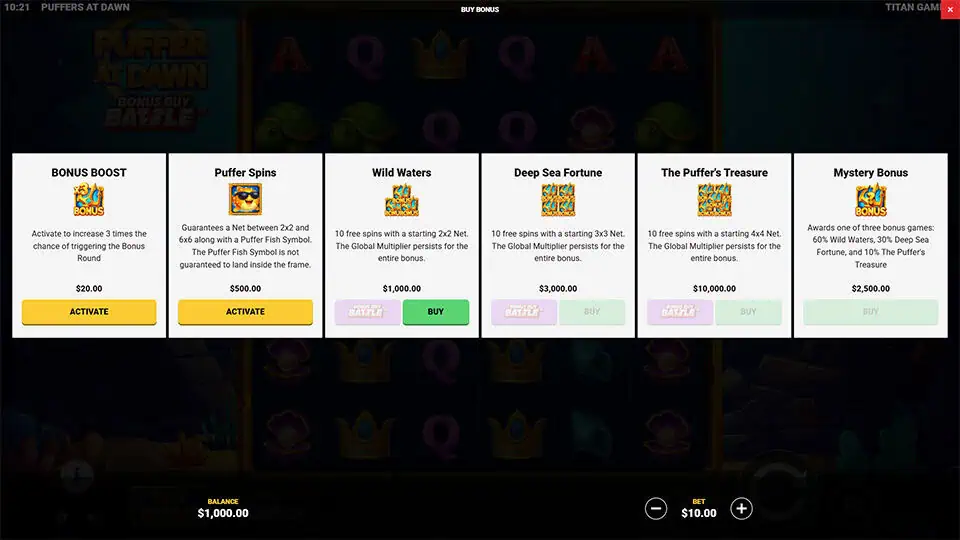 Buy Bonus menu showing Bonus Boost, Puffer Spins, Wild Waters, Deep Sea Fortune, The Puffer’s Treasure and Mystery Bonus.