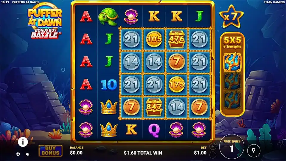 5x5 coin net grid activated with visible coin values and multipliers, expanding during the bonus round.