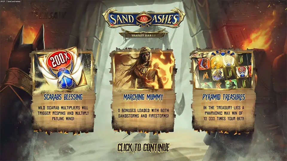 Sand and Ashes slot intro screen
