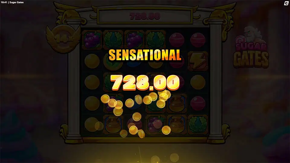 “SENSATIONAL” text glowing over the reels with golden coins bursting across the candy-themed grid.
