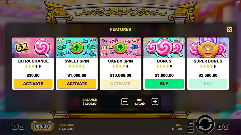 Feature menu showing Extra Chance, Sweet Spin, Candy Spin, Bonus and Super Bonus with activate and buy buttons.
