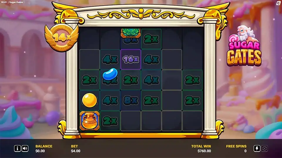 Grid filled with multiplier values like 2x, 4x and 16x while a 14x total multiplier badge appears on the side.