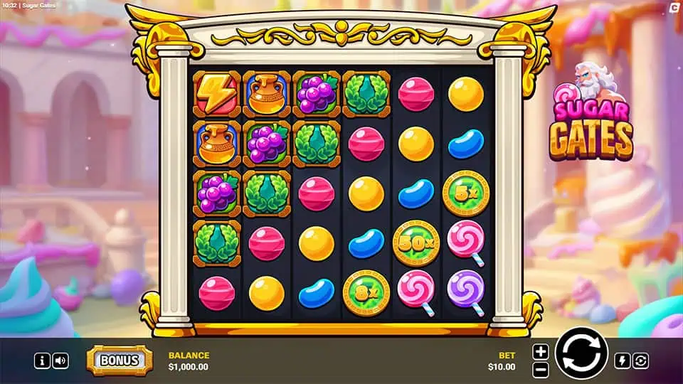 Main grid framed by golden gates featuring colorful candy symbols, grapes, lightning bolts and multiplier coins.