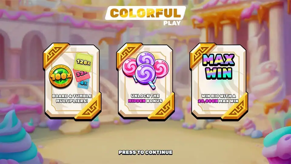 Feature cards highlighting Board & Tumble Multipliers, Hidden Bonus and Max Win up to 20,000x in a colorful candy setting.