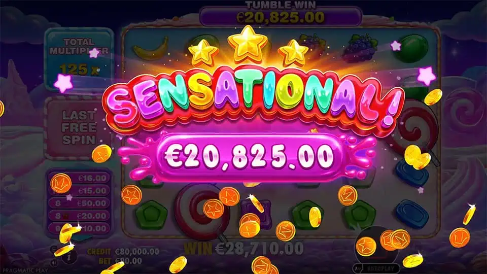 Bright “SENSATIONAL!” banner exploding in candy colors with coins flying across the screen during free spins.