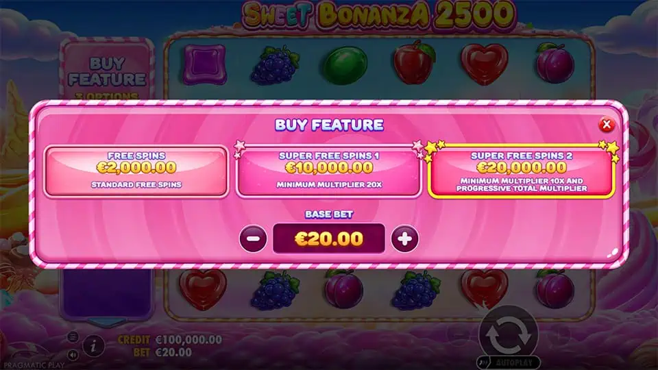 Buy Feature panel showing Free Spins, Super Free Spins 1, and Super Free Spins 2 with different multiplier conditions.