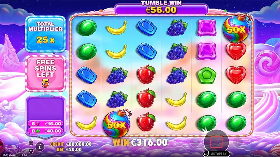 Colorful candy bomb multipliers like 50x landing on the reels and boosting the total multiplier during tumbles.