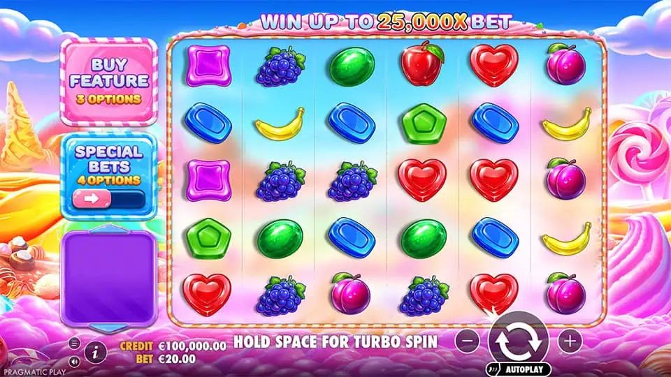 6x5 candy grid packed with fruits, heart candies, and gem sweets set against a vibrant pastel sky.