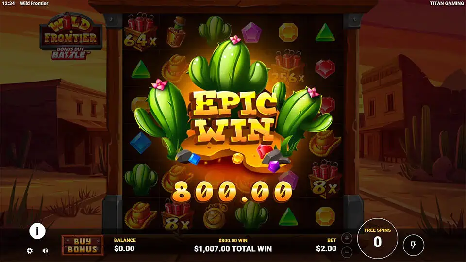 “EPIC WIN” text bursting through giant cacti as glowing multipliers like 64x and 256x appear on the reels.