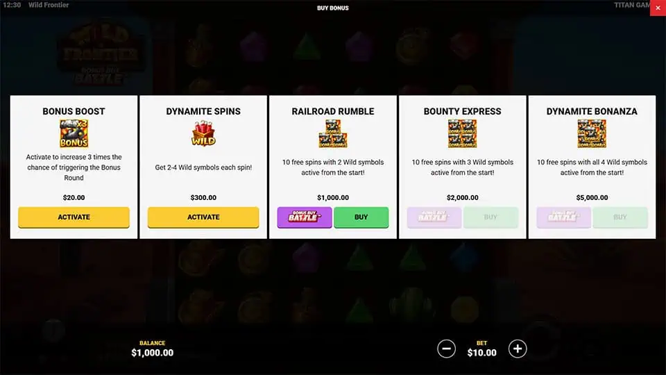 Buy Bonus menu showing Bonus Boost, Dynamite Spins, Railroad Rumble, Bounty Express and Dynamite Bonanza options.