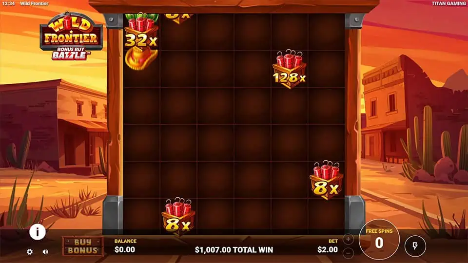 Empty grid highlighting dynamite Wild symbols with visible multipliers like 32x, 128x and 8x locked in place.