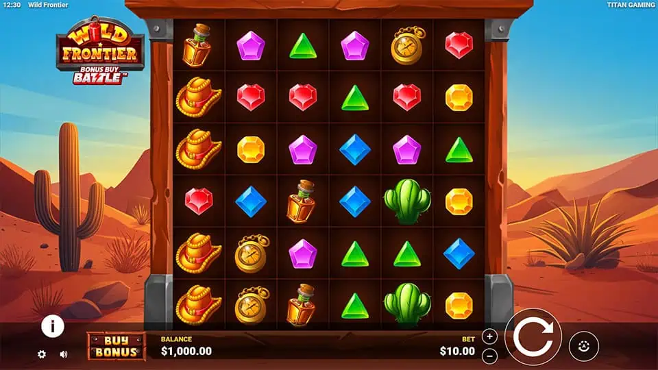 Main grid filled with colorful gem symbols, cowboy hats, lanterns and cacti against a dusty wild west backdrop.