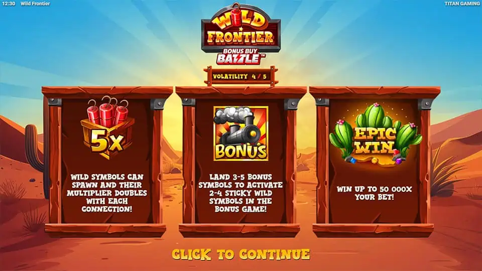 Feature panels explaining Wild multipliers, Bonus symbols and win potential up to 50,000x in a western desert setting.