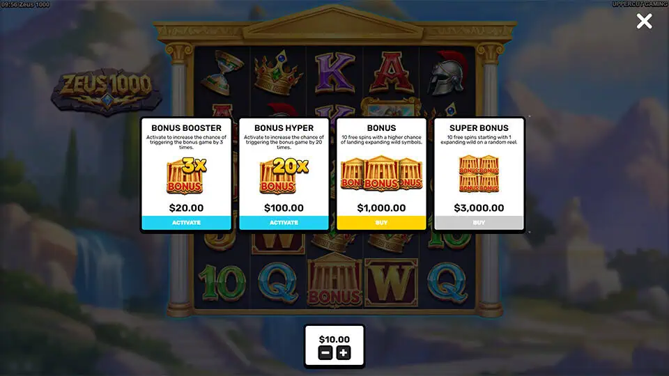 Bonus Buy menu displaying Bonus Booster, Bonus Hyper, Bonus and Super Bonus with activate and buy selections.