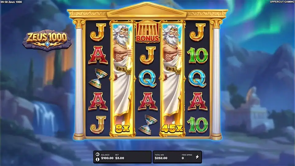 Tall Zeus expanding Wild symbols covering entire reels with visible multipliers like 8x and 45x.