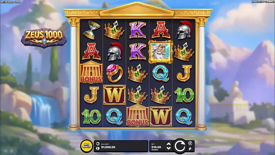 5x3 reels framed by golden Greek pillars featuring crowns, helmets, rings, Wilds and Bonus temple symbols.