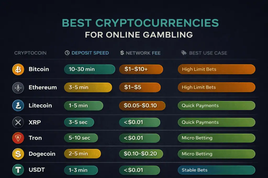 Comparison table of cryptocurrency speed fees and best use cases on Stake casino in 2026