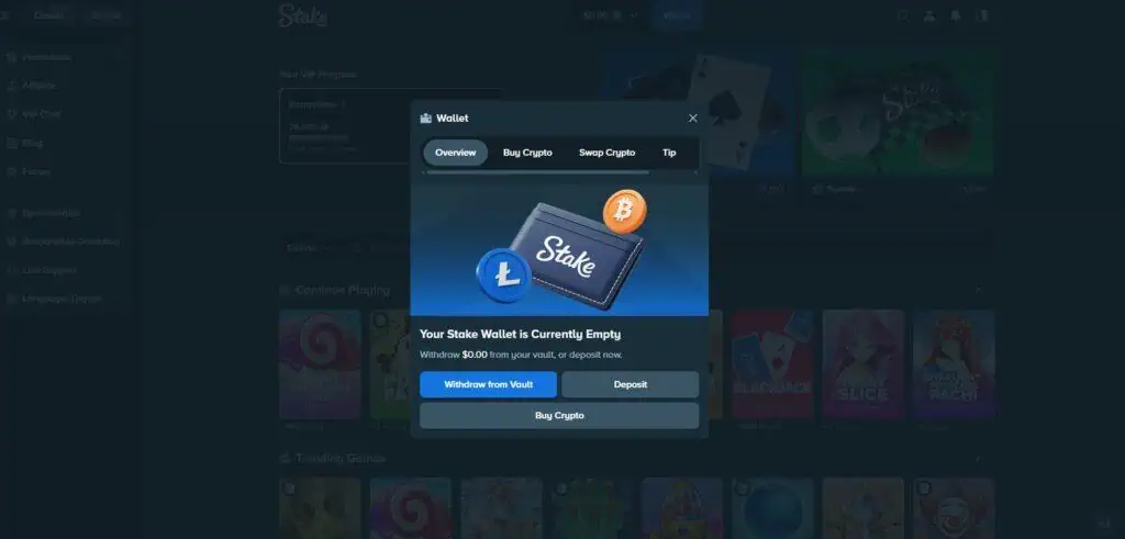 Stake.com wallet deposit screen showing supported cryptocurrencies BTC ETH LTC XRP TRX DOGE USDT SOL BNB