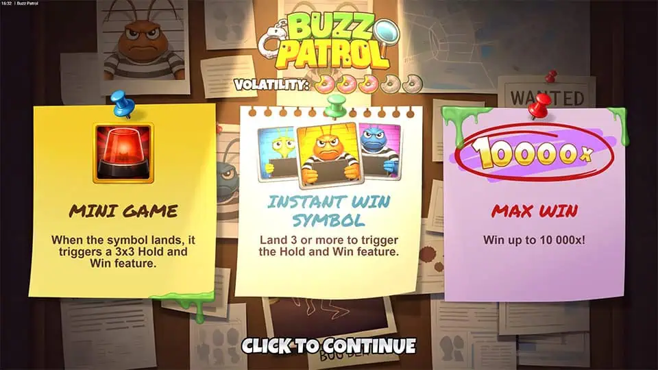 Buzz Patrol slot intro screen