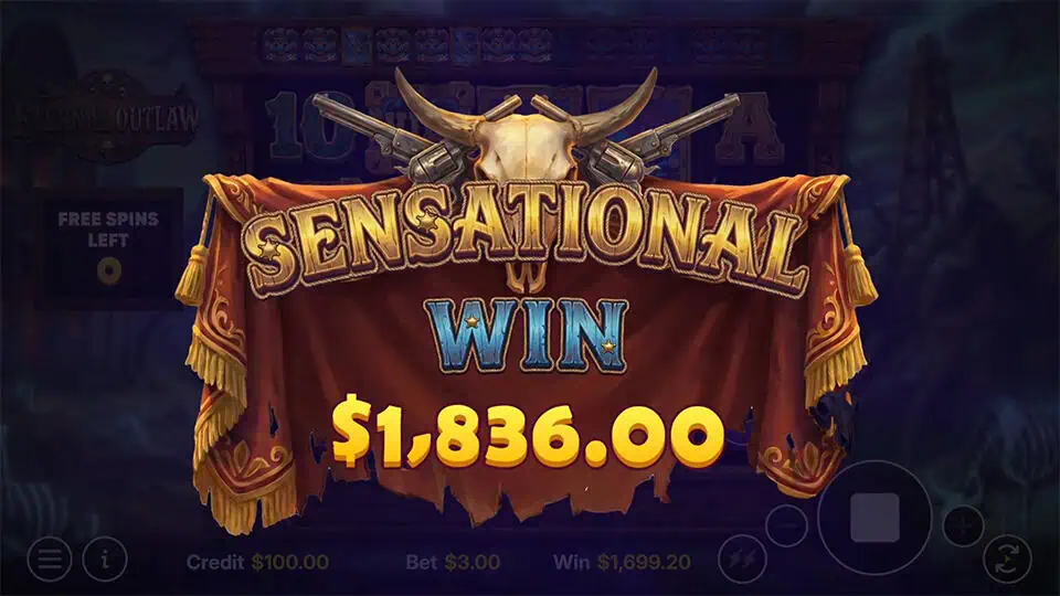 “SENSATIONAL WIN” banner displayed beneath crossed revolvers and a bull skull with dramatic Western-style effects.