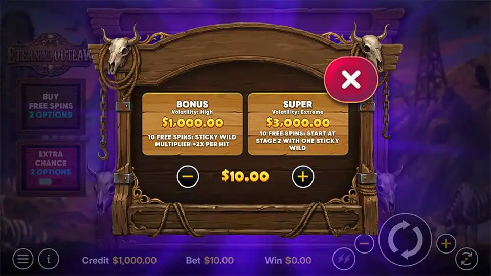 Bonus buy panel offering standard and super free spins with sticky wild multipliers and enhanced volatility.