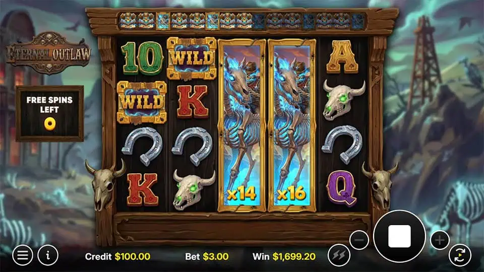 Expanding sticky wild reels locking in place with glowing skeletal horse symbols during the bonus round.
