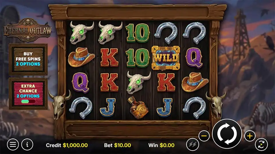 Five-reel slot featuring cowboy hats, skulls, horseshoes, and wild symbols set in a haunting frontier ghost town.