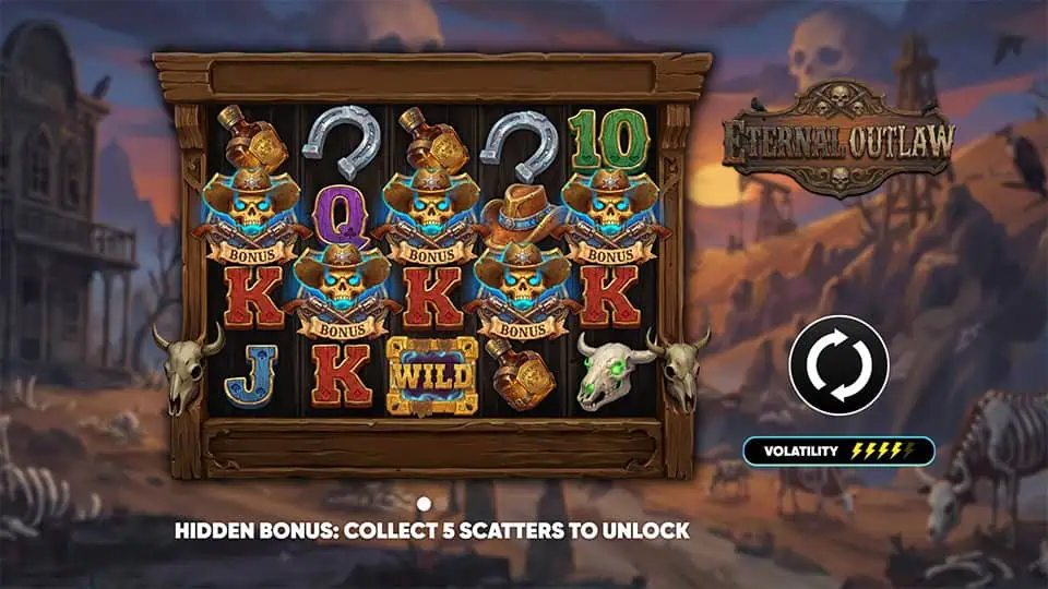 Feature overview showcasing hidden bonus mechanics and stacked skull scatter symbols across the reels.