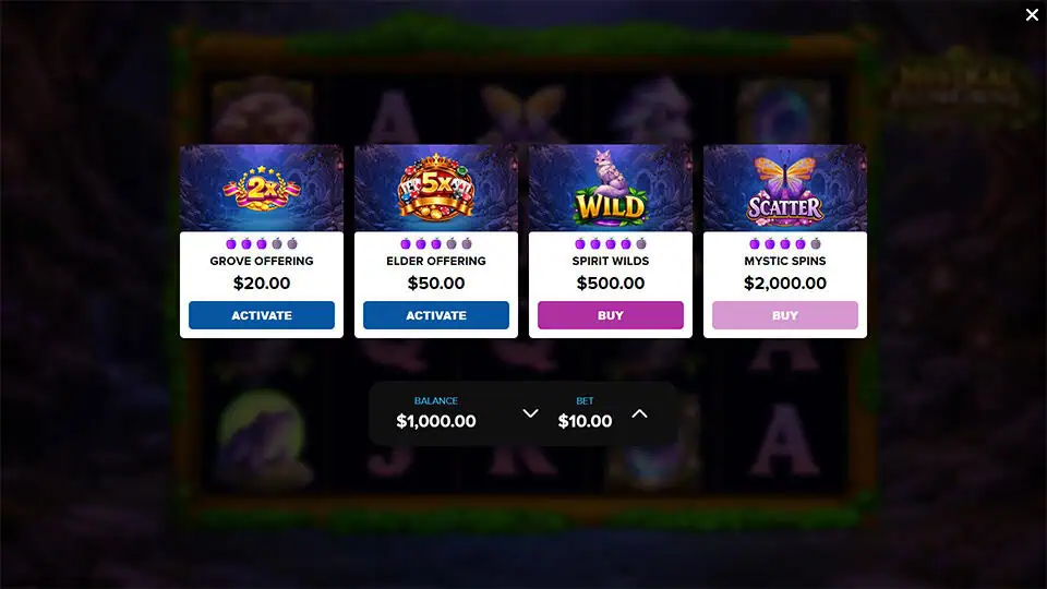 Bonus selection screen displaying Grove Offering, Elder Offering, Spirit Wilds, and Mystic Spins options for enhanced gameplay.