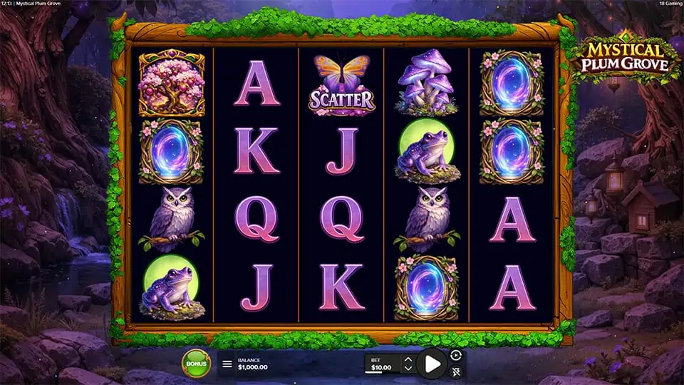 Five-reel slot featuring enchanted symbols like owls, frogs, mystical portals, and butterfly scatters within a lush forest setting.
