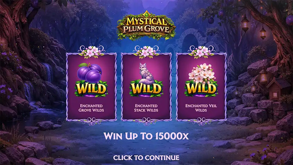 Feature overview highlighting Enchanted Grove Wilds, Enchanted Stack Wilds, and Enchanted Veil Wilds with a magical woodland backdrop.
