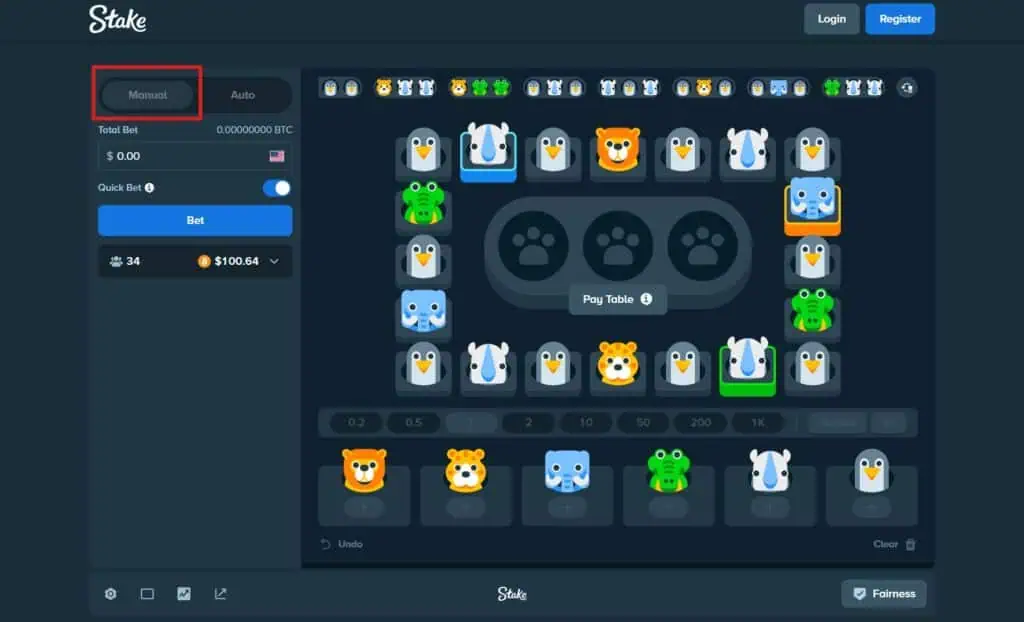 Stake Zoo bet mode manual auto selection panel interface