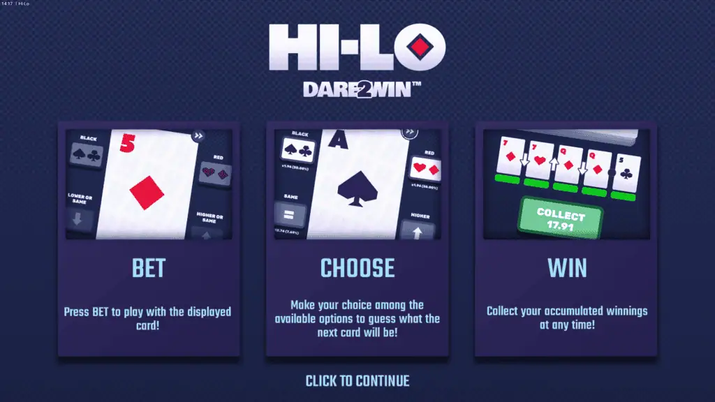 Hacksaw gaming hi lo intro screen