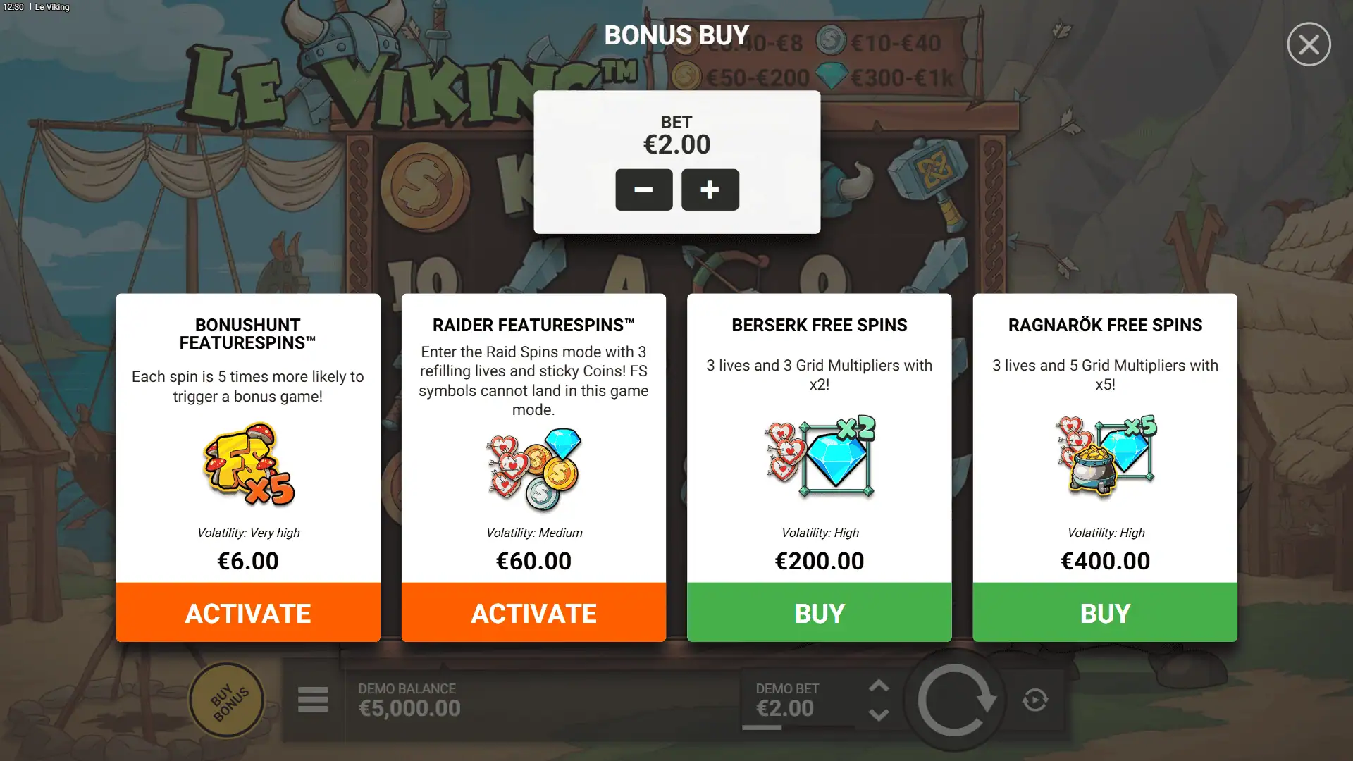 Le Viking bonus buy menu