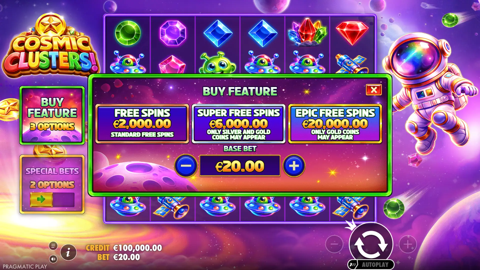 Cosmic Clusters bonus buy menu