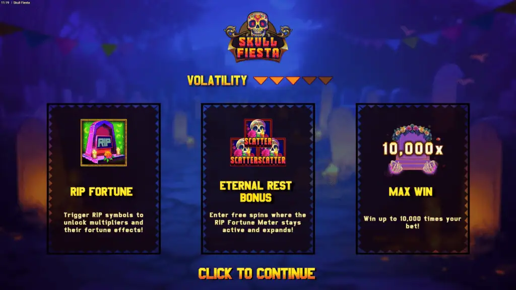 Nownow gaming skull fiesta intro screen