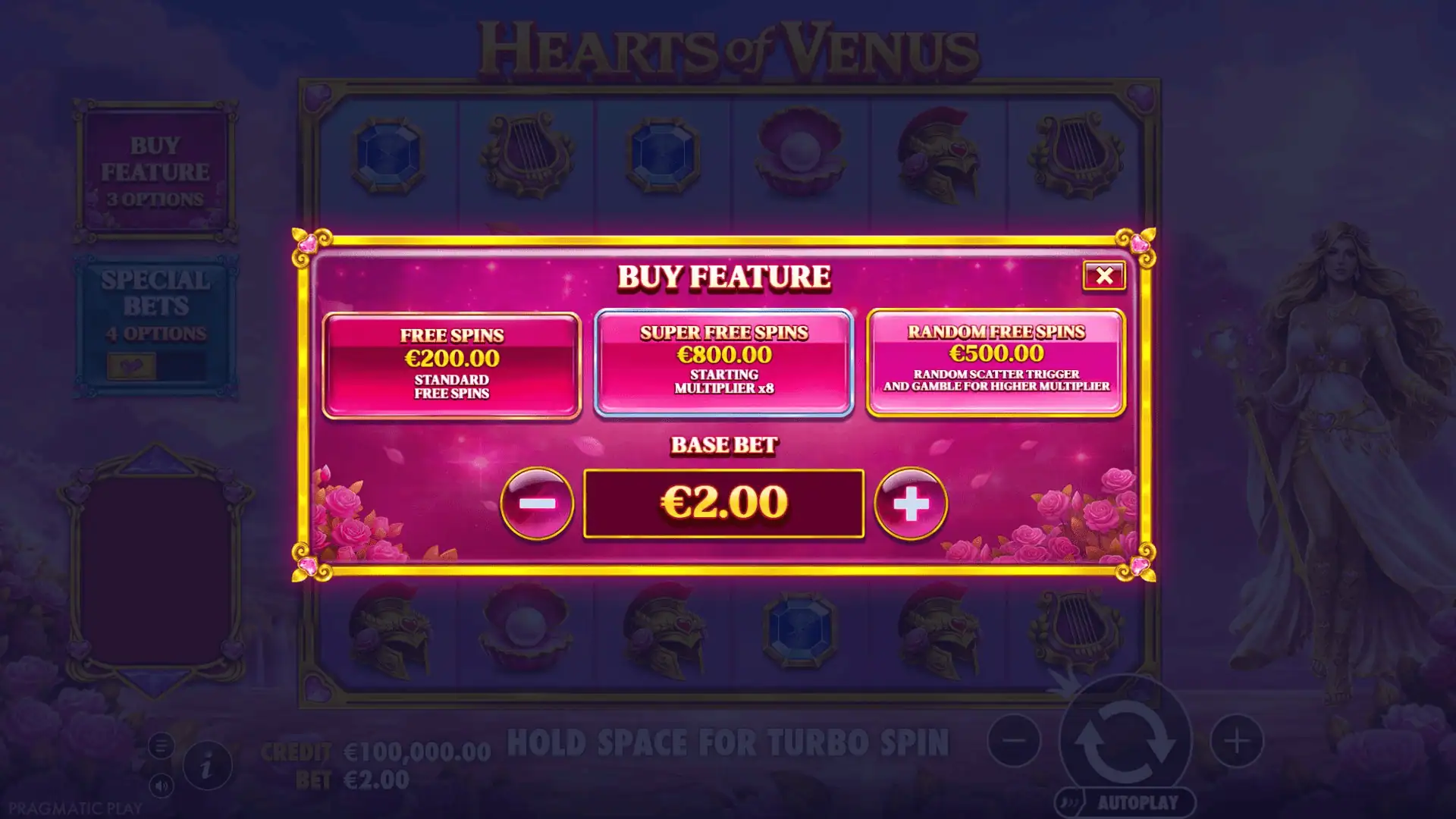Hearts of Venus bonus buy menu