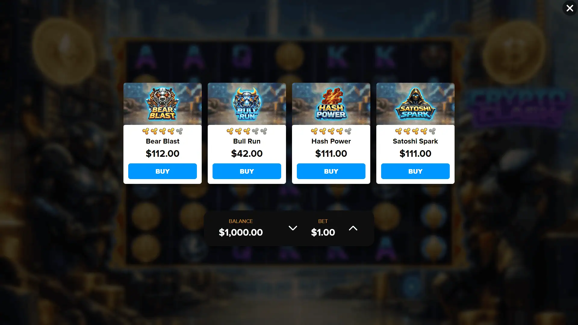Crypto Clash bonus buy menu
