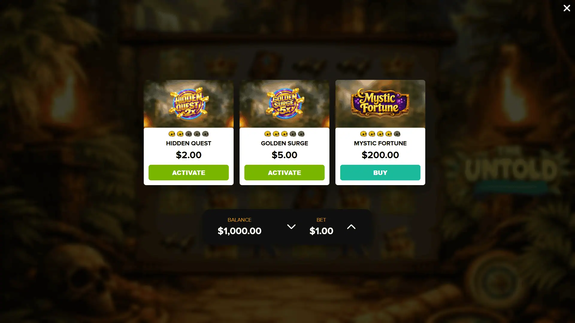 Untold Adventures bonus buy menu