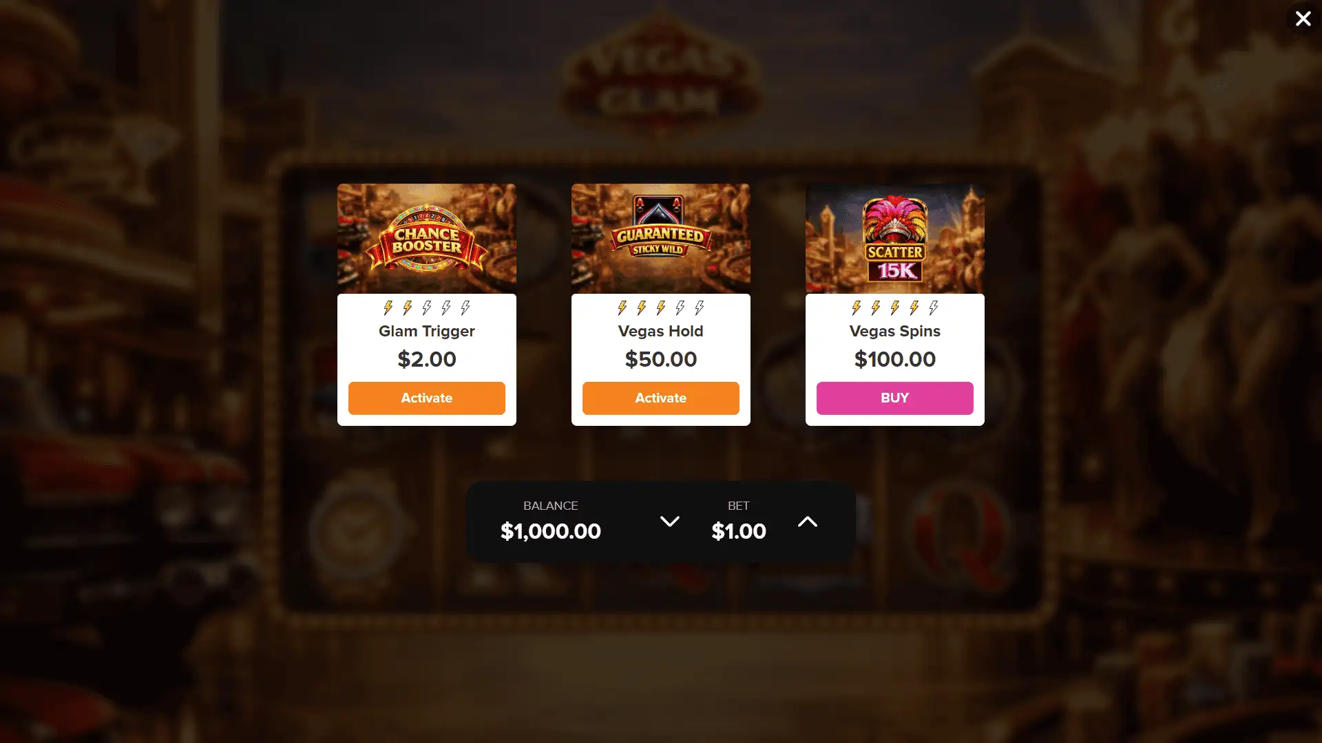 Vegas Glam bonus buy menu