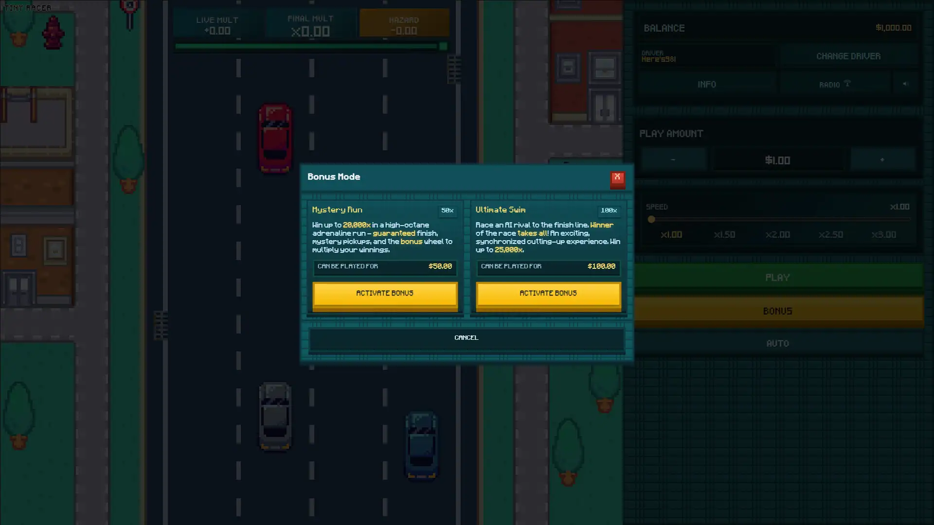 Tiny Racer bonus buy menu