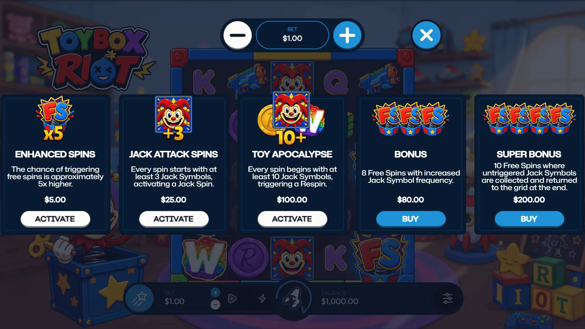 Toybox Riot bonus buy menu