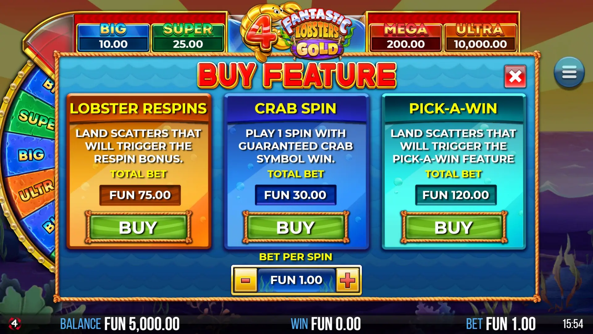 4 Fantastic Lobsters Gold bonus buy menu