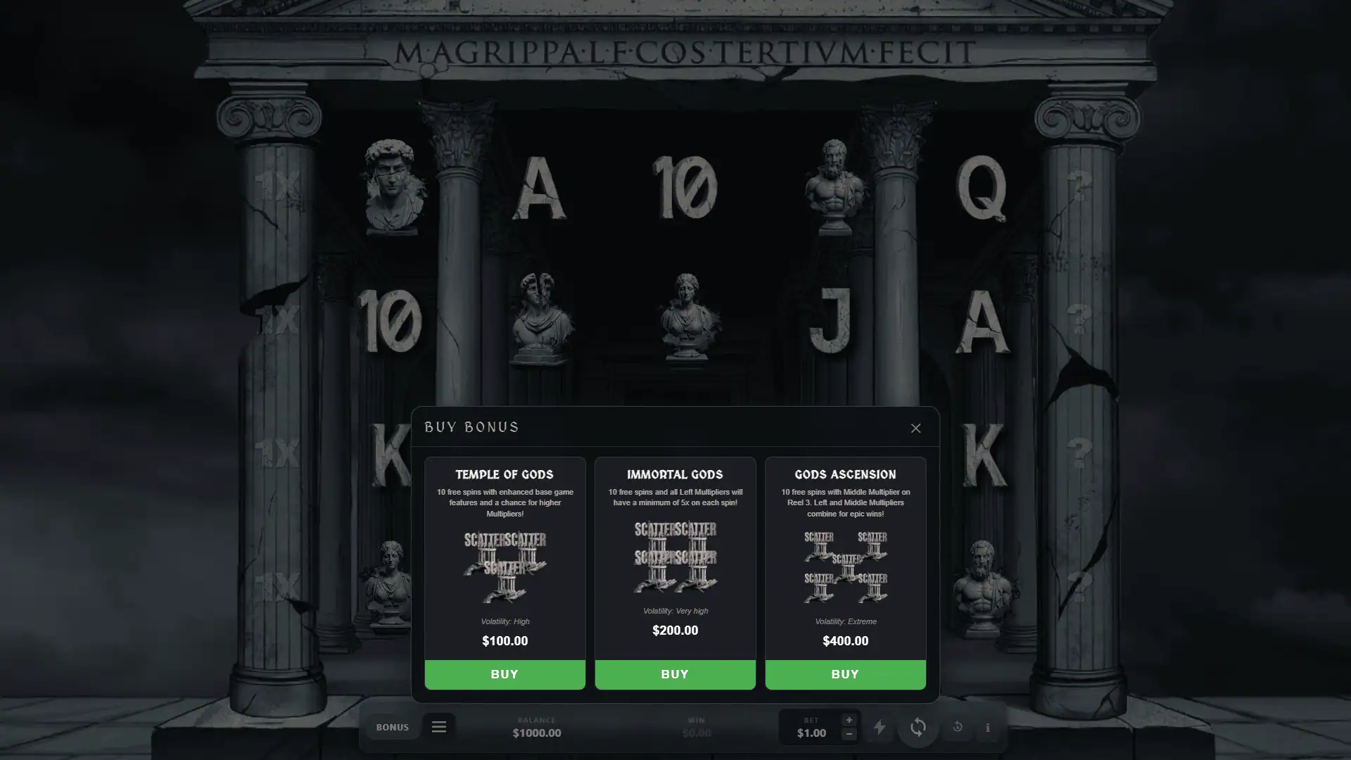 Parthenon bonus buy menu